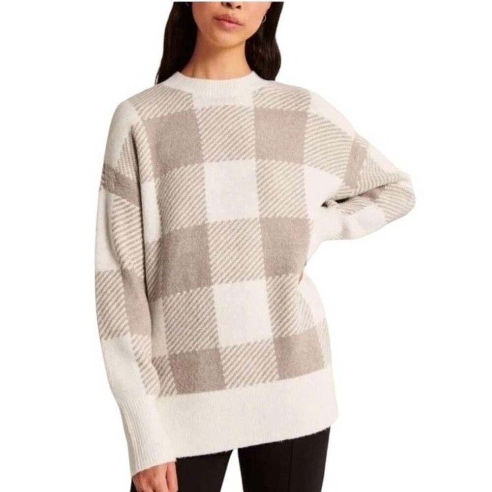 Abercrombie & Fitch Sweater XS Beige Cream Check Oversized Crewneck Cabin Cozy